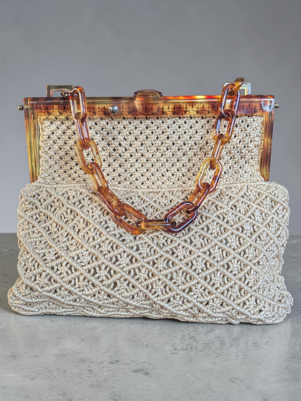Vintage 70s Macramé Handbag – Cream Woven Purse – Tortoiseshell Chain